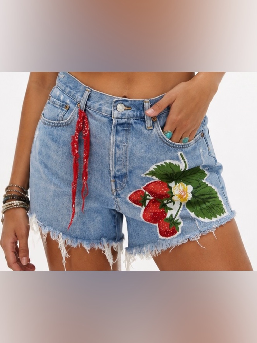 Upcycled Agolde Light Blue Denim Shorts with Strawberry Patch